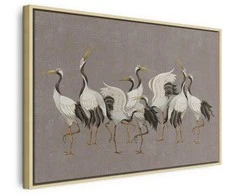 Artgeist Paveikslas - Crane dance – bright silhouettes of birds against a warm pilkas background with texture