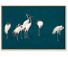 Artgeist Paveikslas - Evening by the pond - a group of cranes drawn in dry pastel on a dark turquoise background