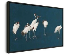 Artgeist Paveikslas - Evening by the pond - a group of cranes drawn in dry pastel on a dark turquoise background