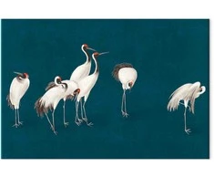 Artgeist Paveikslas - Evening by the pond - a group of cranes drawn in dry pastel on a dark turquoise background