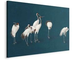 Artgeist Paveikslas - Evening by the pond - a group of cranes drawn in dry pastel on a dark turquoise background