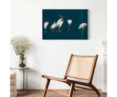 Artgeist Paveikslas - Evening by the pond - a group of cranes drawn in dry pastel on a dark turquoise background
