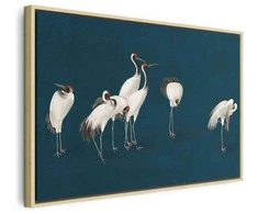 Artgeist Paveikslas - Evening by the pond - a group of cranes drawn in dry pastel on a dark turquoise background