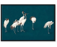 Artgeist Paveikslas - Evening by the pond - a group of cranes drawn in dry pastel on a dark turquoise background