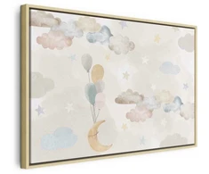Artgeist Paveikslas - Fairy-Tale Moon - Pastel Moon with Balloons Among Colorful Clouds and Stars in Subdued Colors on a Light Background