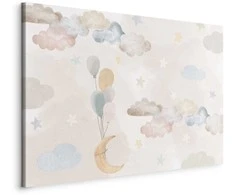 Artgeist Paveikslas - Fairy-Tale Moon - Pastel Moon with Balloons Among Colorful Clouds and Stars in Subdued Colors on a Light Background