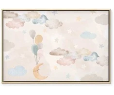 Artgeist Paveikslas - Fairy-Tale Moon - Pastel Moon with Balloons Among Colorful Clouds and Stars in Subdued Colors on a Light Background