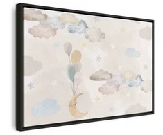 Artgeist Paveikslas - Fairy-Tale Moon - Pastel Moon with Balloons Among Colorful Clouds and Stars in Subdued Colors on a Light Background