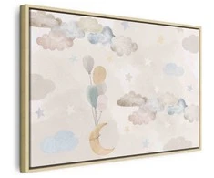 Artgeist Paveikslas - Fairy-Tale Moon - Pastel Moon with Balloons Among Colorful Clouds and Stars in Subdued Colors on a Light Background