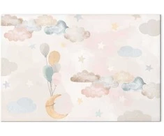 Artgeist Paveikslas - Fairy-Tale Moon - Pastel Moon with Balloons Among Colorful Clouds and Stars in Subdued Colors on a Light Background