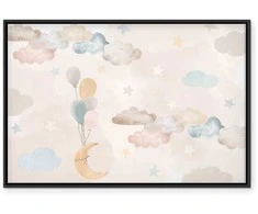 Artgeist Paveikslas - Fairy-Tale Moon - Pastel Moon with Balloons Among Colorful Clouds and Stars in Subdued Colors on a Light Background