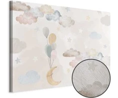 Artgeist Paveikslas - Fairy-Tale Moon - Pastel Moon with Balloons Among Colorful Clouds and Stars in Subdued Colors on a Light Background