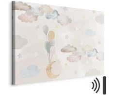 Artgeist Paveikslas - Fairy-Tale Moon - Pastel Moon with Balloons Among Colorful Clouds and Stars in Subdued Colors on a Light Background