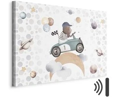 Artgeist Paveikslas - Galactic Races - A Bear Participating in Car Races Among Planets Clouds and Stars in Pastel Hues