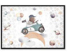 Artgeist Paveikslas - Galactic Races - A Bear Participating in Car Races Among Planets Clouds and Stars in Pastel Hues