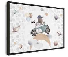 Artgeist Paveikslas - Galactic Races - A Bear Participating in Car Races Among Planets Clouds and Stars in Pastel Hues