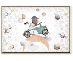 Artgeist Paveikslas - Galactic Races - A Bear Participating in Car Races Among Planets Clouds and Stars in Pastel Hues