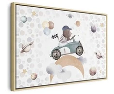 Artgeist Paveikslas - Galactic Races - A Bear Participating in Car Races Among Planets Clouds and Stars in Pastel Hues