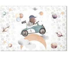 Artgeist Paveikslas - Galactic Races - A Bear Participating in Car Races Among Planets Clouds and Stars in Pastel Hues