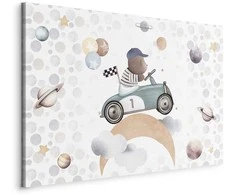 Artgeist Paveikslas - Galactic Races - A Bear Participating in Car Races Among Planets Clouds and Stars in Pastel Hues