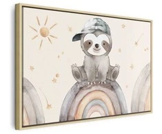 Artgeist Paveikslas - Happy Sloth - Sloth in Subdued Colors Wearing a Cap Sitting on a Rainbow Among Little Stars