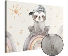 Artgeist Paveikslas - Happy Sloth - Sloth in Subdued Colors Wearing a Cap Sitting on a Rainbow Among Little Stars