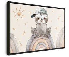 Artgeist Paveikslas - Happy Sloth - Sloth in Subdued Colors Wearing a Cap Sitting on a Rainbow Among Little Stars