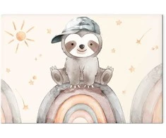 Artgeist Paveikslas - Happy Sloth - Sloth in Subdued Colors Wearing a Cap Sitting on a Rainbow Among Little Stars