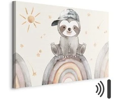 Artgeist Paveikslas - Happy Sloth - Sloth in Subdued Colors Wearing a Cap Sitting on a Rainbow Among Little Stars