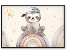 Artgeist Paveikslas - Happy Sloth - Sloth in Subdued Colors Wearing a Cap Sitting on a Rainbow Among Little Stars