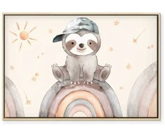 Artgeist Paveikslas - Happy Sloth - Sloth in Subdued Colors Wearing a Cap Sitting on a Rainbow Among Little Stars