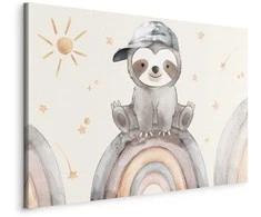 Artgeist Paveikslas - Happy Sloth - Sloth in Subdued Colors Wearing a Cap Sitting on a Rainbow Among Little Stars