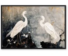 Artgeist Paveikslas - Herons and cherry blossoms - oriental-style illustration depicting birds