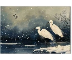 Artgeist Paveikslas - Herons over a winter pond - Japanese-style illustration in dark colours
