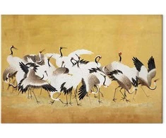 Artgeist Paveikslas - Japanese cranes - a flock of birds against a golden background based on a painting by Ishida Yūtei