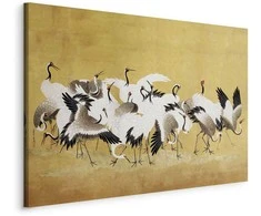 Artgeist Paveikslas - Japanese cranes - a flock of birds against a golden background based on a painting by Ishida Yūtei