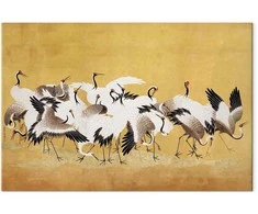 Artgeist Paveikslas - Japanese cranes - a flock of birds against a golden background based on a painting by Ishida Yūtei