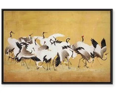 Artgeist Paveikslas - Japanese cranes - a flock of birds against a golden background based on a painting by Ishida Yūtei