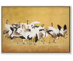 Artgeist Paveikslas - Japanese cranes - a flock of birds against a golden background based on a painting by Ishida Yūtei