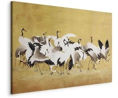 Artgeist Paveikslas - Japanese cranes - a flock of birds against a golden background based on a painting by Ishida Yūtei