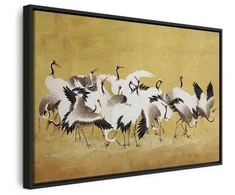 Artgeist Paveikslas - Japanese cranes - a flock of birds against a golden background based on a painting by Ishida Yūtei