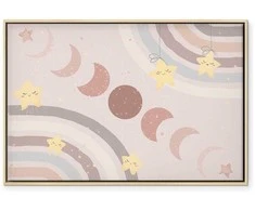 Artgeist Paveikslas - Joyful Sky - Geltona Cheerful Stars with a Rainbow Against the Phases of the Moon in a Light rusvai gelsvas Sky Hue