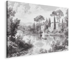 Artgeist Paveikslas - Juodas and Baltas Vintage Landscape Retro View of a Pond with a Boat