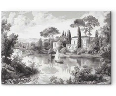 Artgeist Paveikslas - Juodas and Baltas Vintage Landscape Retro View of a Pond with a Boat