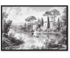 Artgeist Paveikslas - Juodas and Baltas Vintage Landscape Retro View of a Pond with a Boat