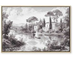 Artgeist Paveikslas - Juodas and Baltas Vintage Landscape Retro View of a Pond with a Boat
