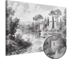 Artgeist Paveikslas - Juodas and Baltas Vintage Landscape Retro View of a Pond with a Boat