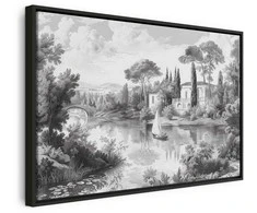 Artgeist Paveikslas - Juodas and Baltas Vintage Landscape Retro View of a Pond with a Boat