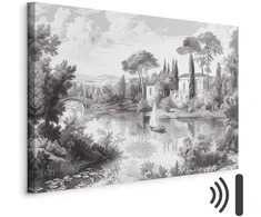 Artgeist Paveikslas - Juodas and Baltas Vintage Landscape Retro View of a Pond with a Boat