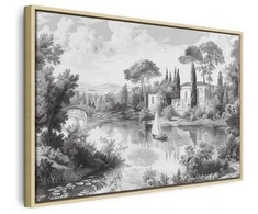 Artgeist Paveikslas - Juodas and Baltas Vintage Landscape Retro View of a Pond with a Boat